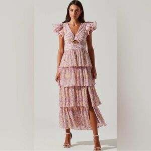 NWOT Astr Lavender Floral Tiered Maxi Dress with Cutout Waist